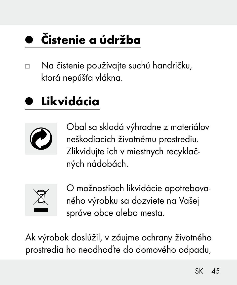 Čistenie a údržba, Likvidácia | Livarno 100933-14-03-BS User Manual | Page 45 / 60