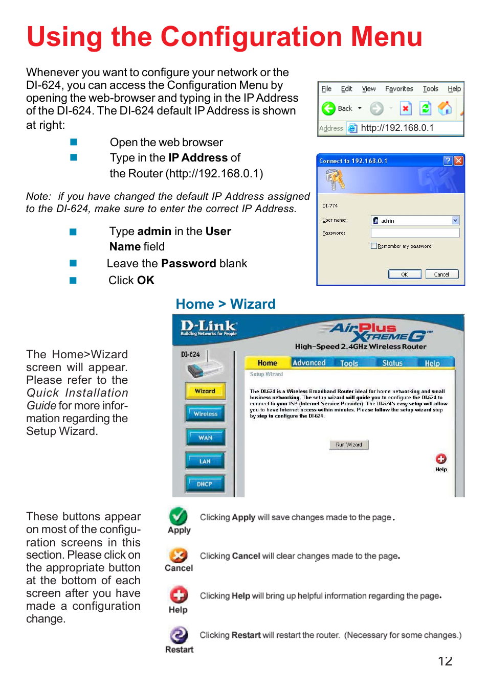 Using the configuration menu | D-Link DI-624 User Manual | Page 12 / 97