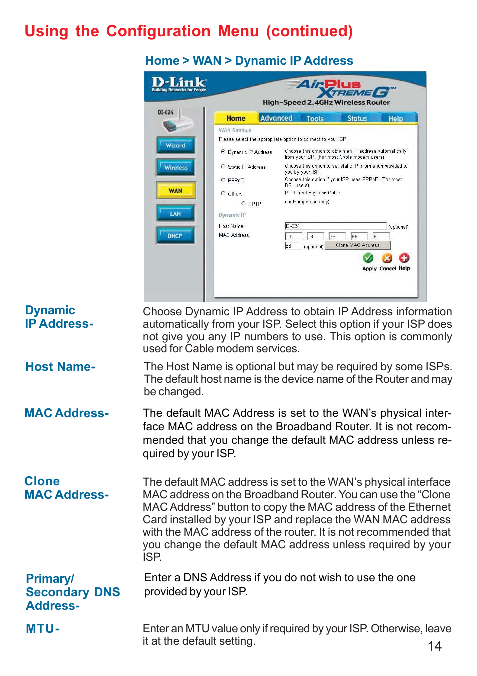 Using the configuration menu (continued) | D-Link DI-624 User Manual | Page 14 / 97