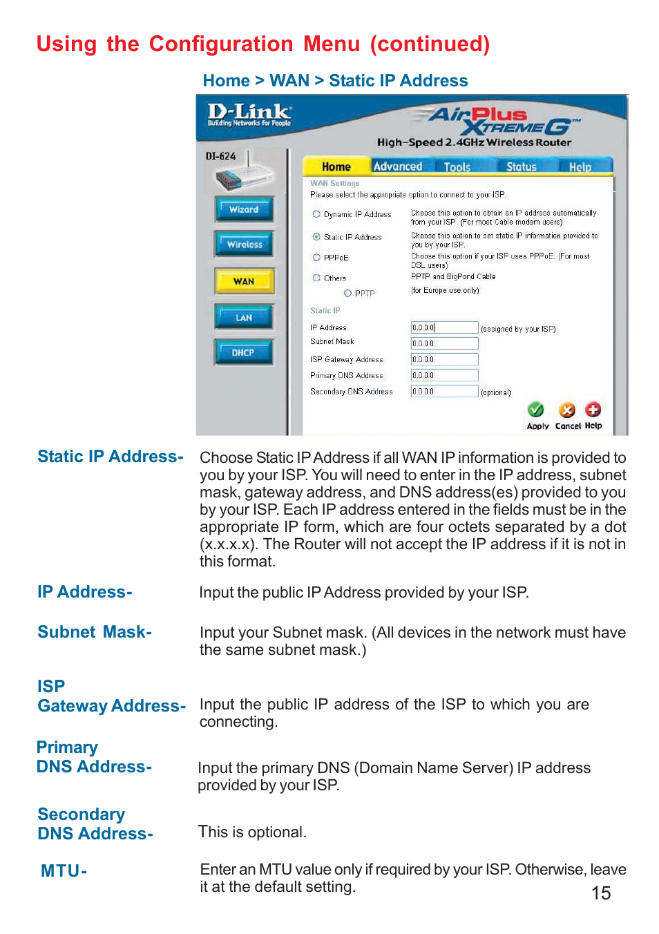 Using the configuration menu (continued) | D-Link DI-624 User Manual | Page 15 / 97
