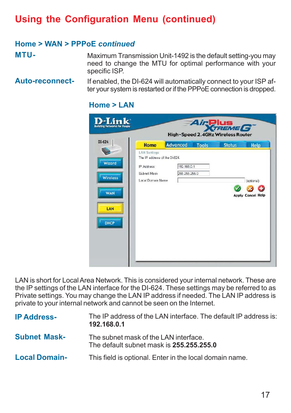 Using the configuration menu (continued) | D-Link DI-624 User Manual | Page 17 / 97