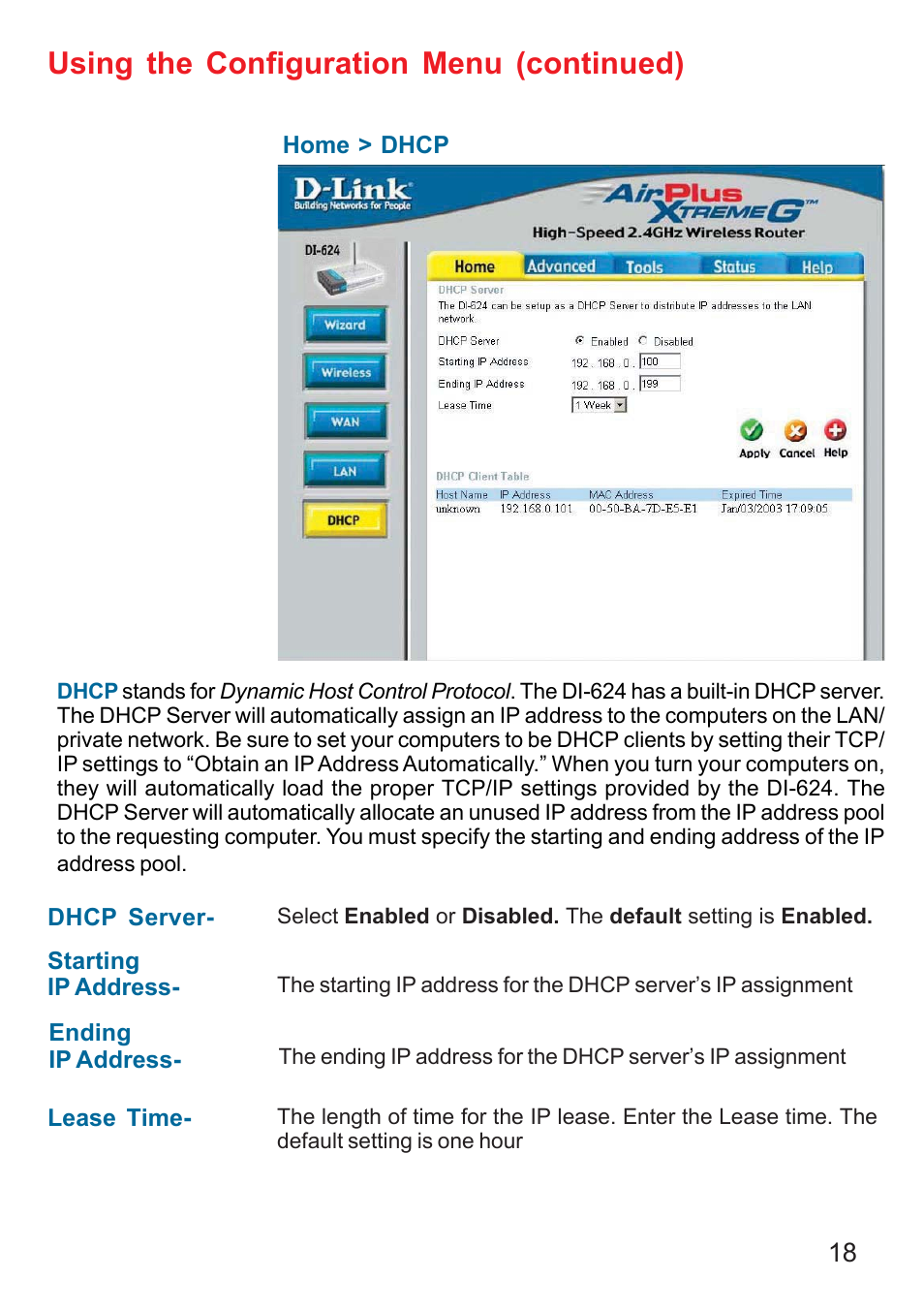 Using the configuration menu (continued) | D-Link DI-624 User Manual | Page 18 / 97