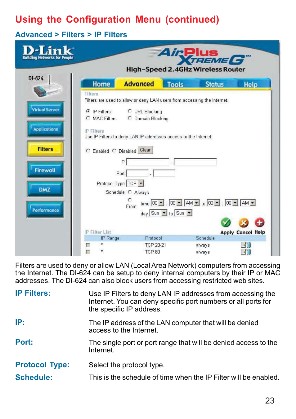 Using the configuration menu (continued) | D-Link DI-624 User Manual | Page 23 / 97