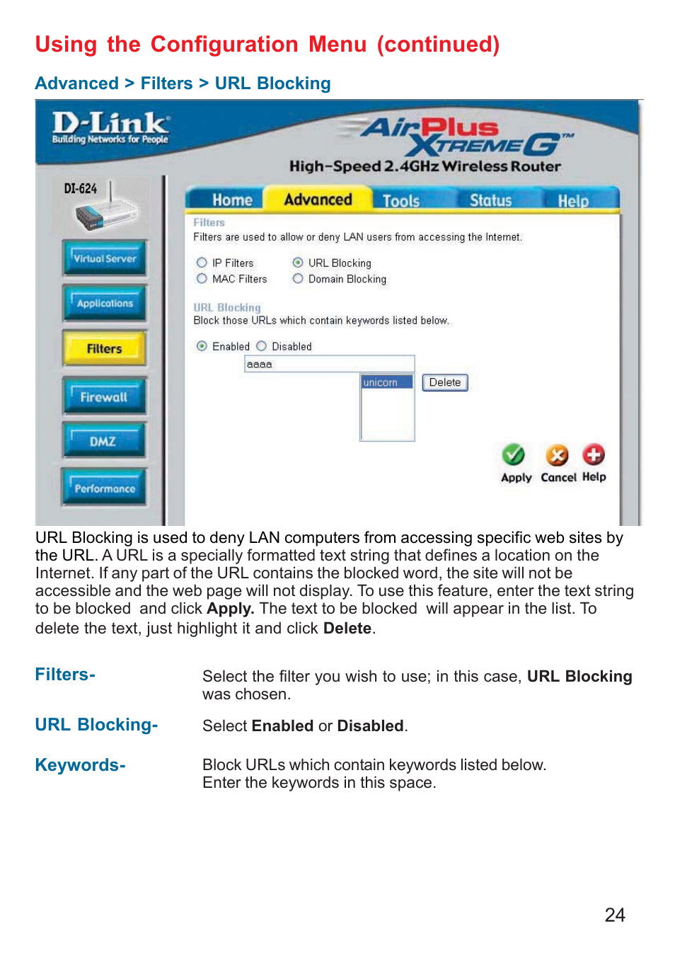Using the configuration menu (continued) | D-Link DI-624 User Manual | Page 24 / 97