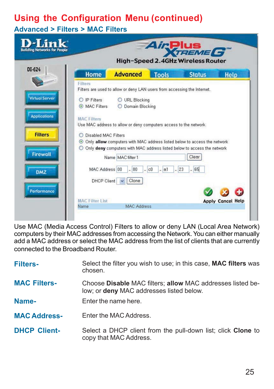 Using the configuration menu, Continued) | D-Link DI-624 User Manual | Page 25 / 97