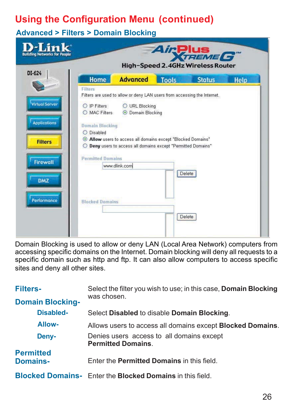 Using the configuration menu, Continued) | D-Link DI-624 User Manual | Page 26 / 97