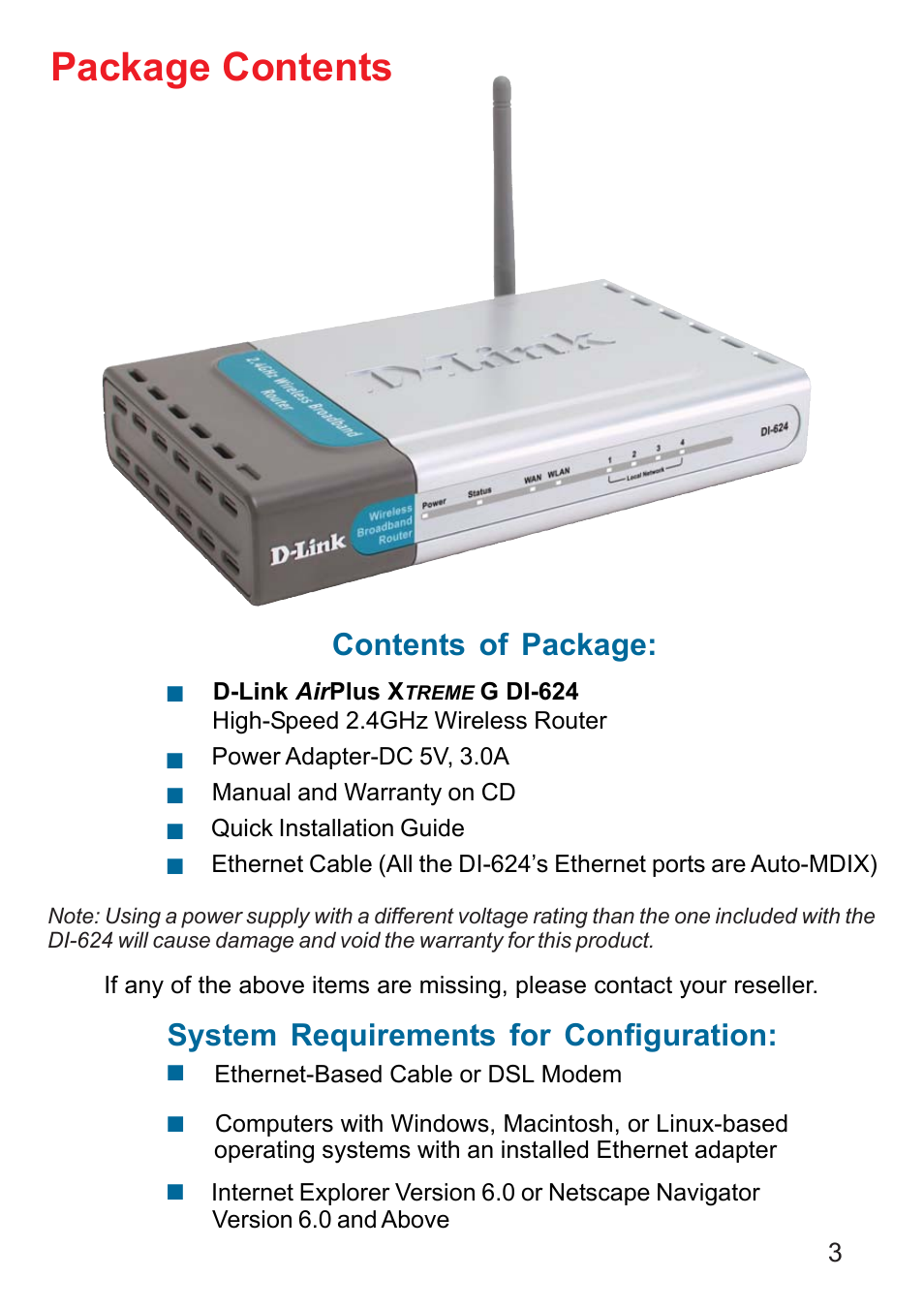 Package contents, Contents of package, System requirements for configuration | D-Link DI-624 User Manual | Page 3 / 97