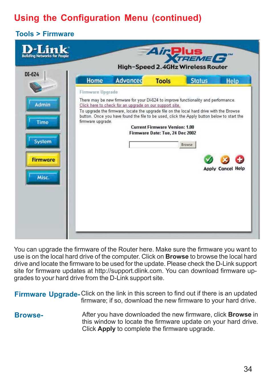 Using the configuration menu (continued) | D-Link DI-624 User Manual | Page 34 / 97