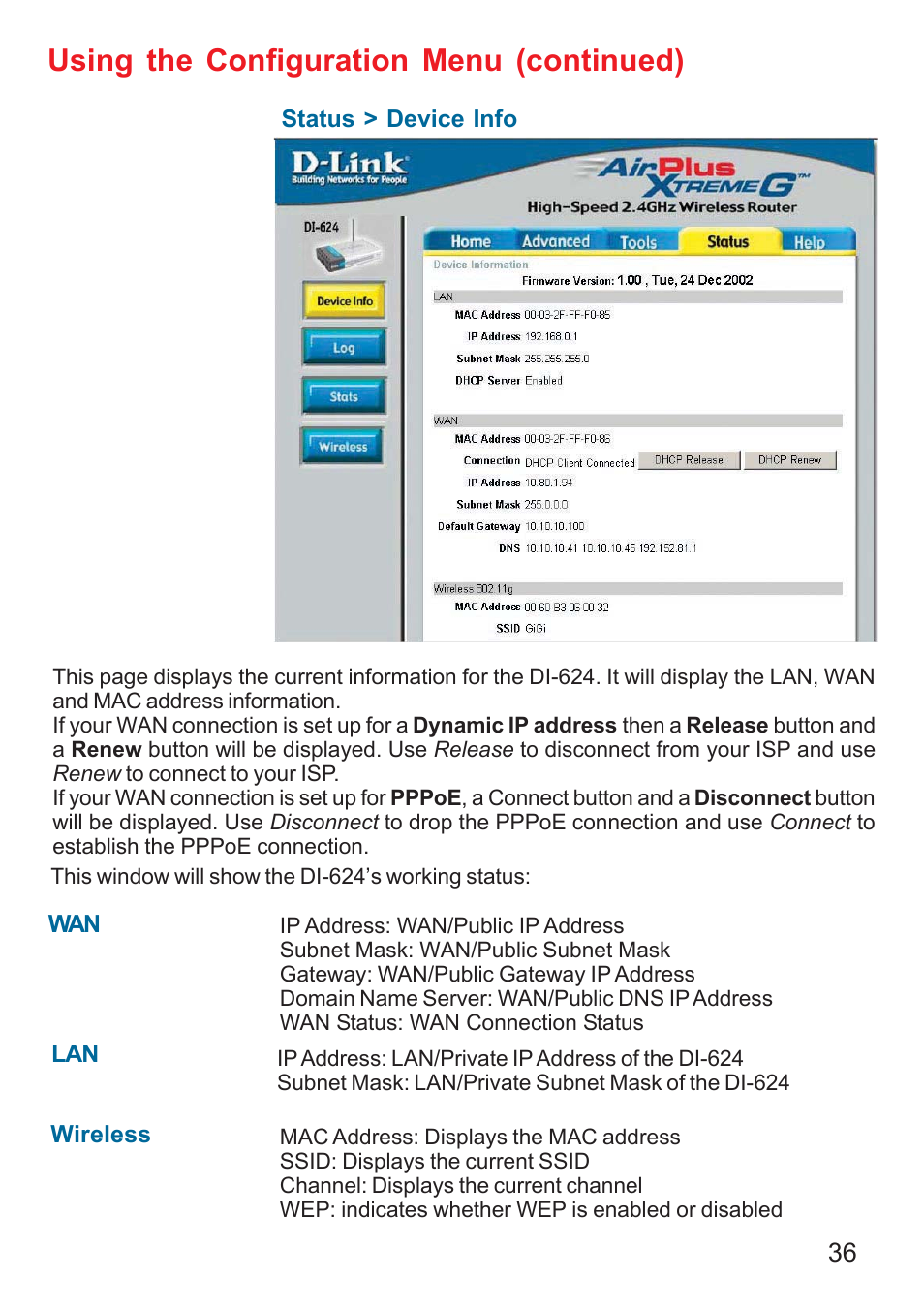 Using the configuration menu (continued) | D-Link DI-624 User Manual | Page 36 / 97