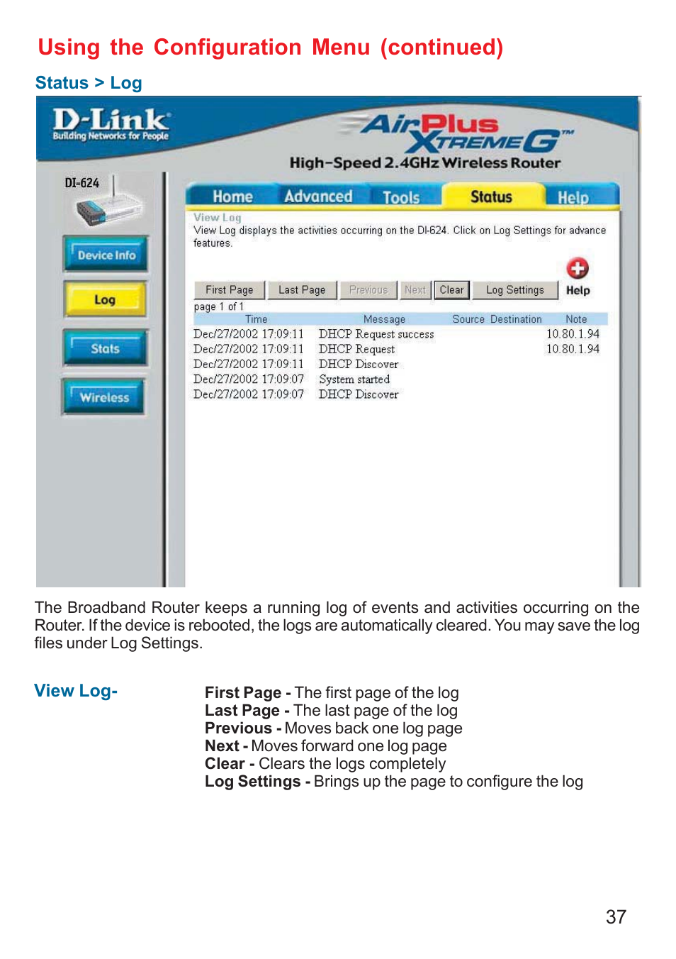 Using the configuration menu (continued) | D-Link DI-624 User Manual | Page 37 / 97