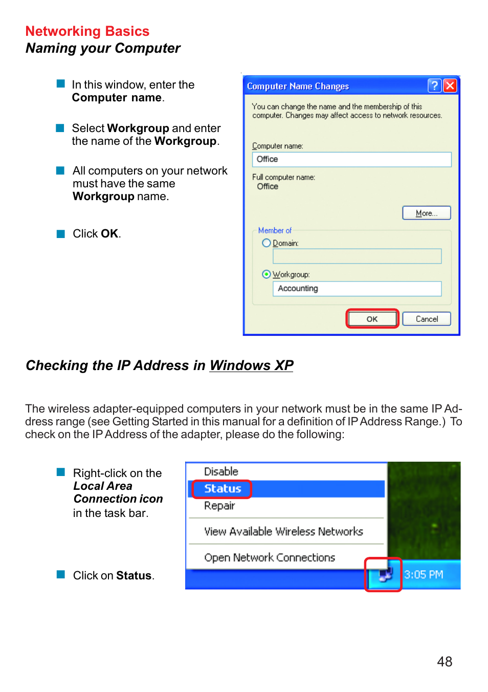 48 networking basics naming your computer, Checking the ip address in windows xp | D-Link DI-624 User Manual | Page 48 / 97