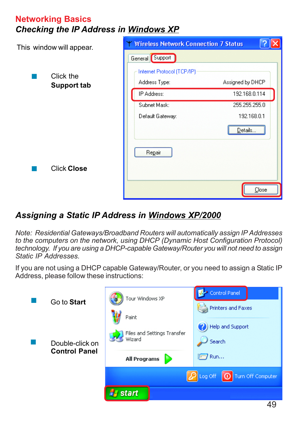 Assigning a static ip address in windows xp/2000 | D-Link DI-624 User Manual | Page 49 / 97