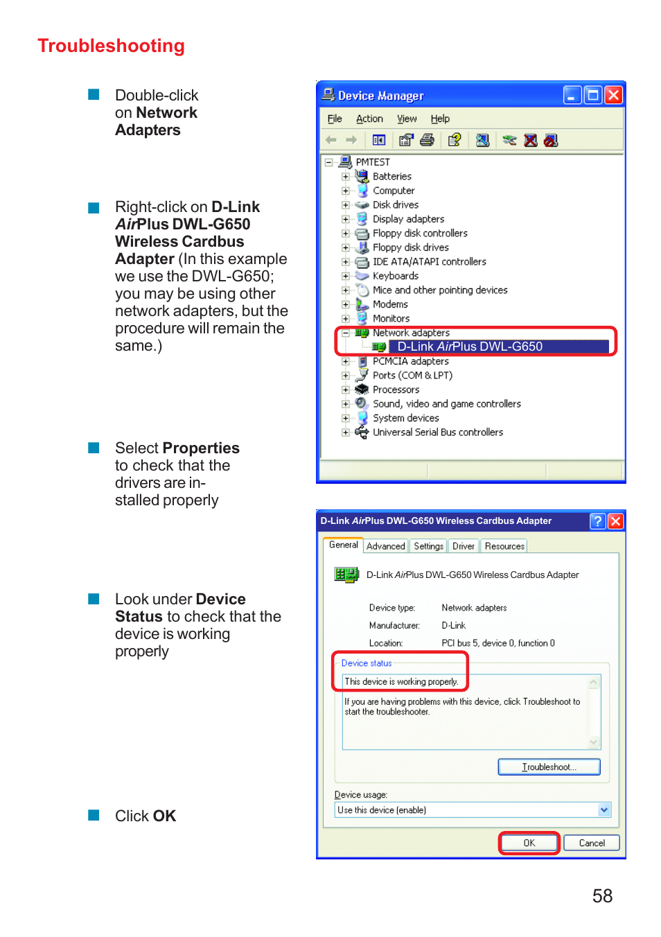 58 troubleshooting | D-Link DI-624 User Manual | Page 58 / 97