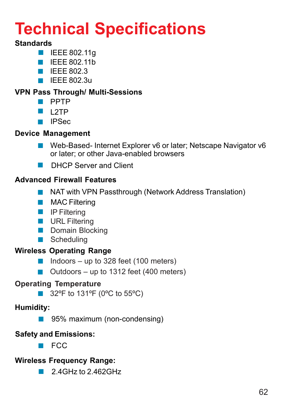 Technical specifications | D-Link DI-624 User Manual | Page 62 / 97