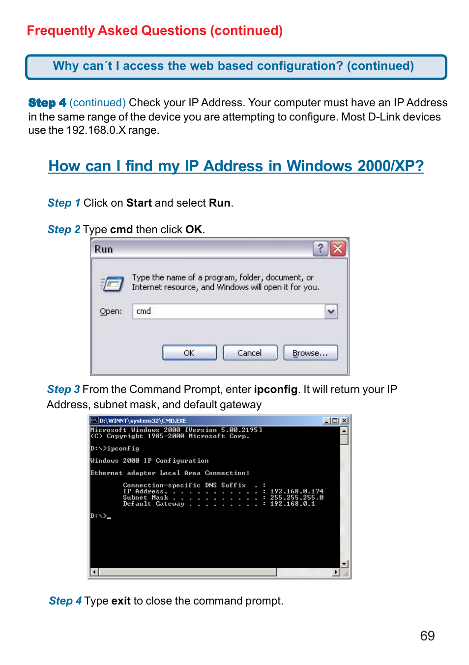 How can i find my ip address in windows 2000/xp, 69 frequently asked questions (continued) | D-Link DI-624 User Manual | Page 69 / 97