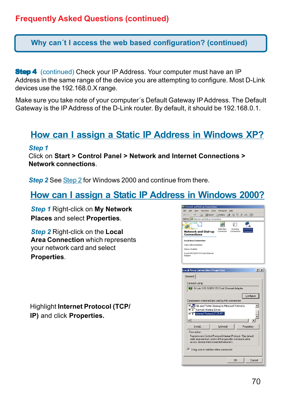 How can i assign a static ip address in windows xp, 70 frequently asked questions (continued) | D-Link DI-624 User Manual | Page 70 / 97