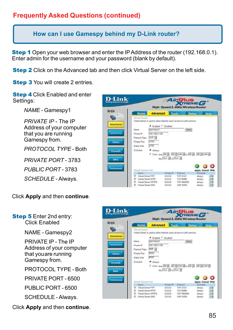 85 frequently asked questions (continued), How can i use gamespy behind my d-link router | D-Link DI-624 User Manual | Page 85 / 97