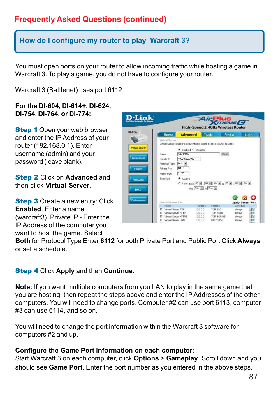 87 frequently asked questions (continued), How do i configure my router to play warcraft 3 | D-Link DI-624 User Manual | Page 87 / 97