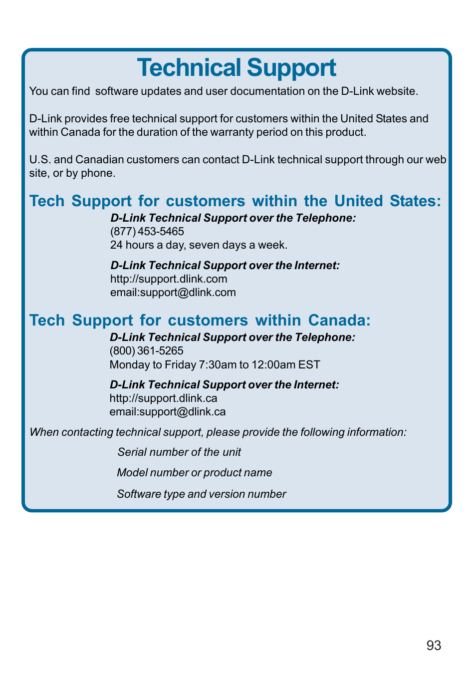 Technical support, Tech support for customers within canada | D-Link DI-624 User Manual | Page 93 / 97