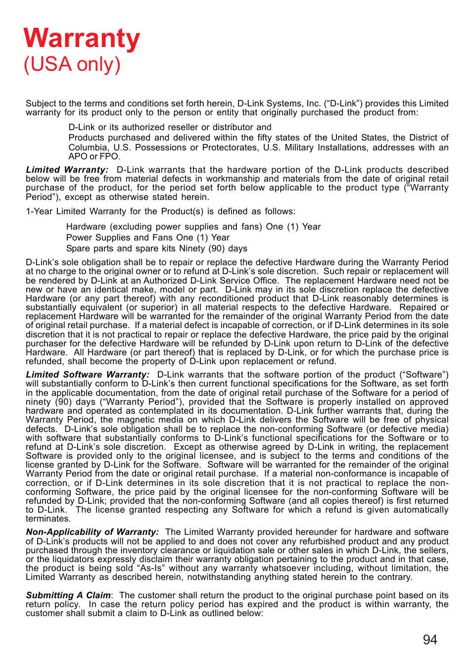 Warranty, Usa only) | D-Link DI-624 User Manual | Page 94 / 97