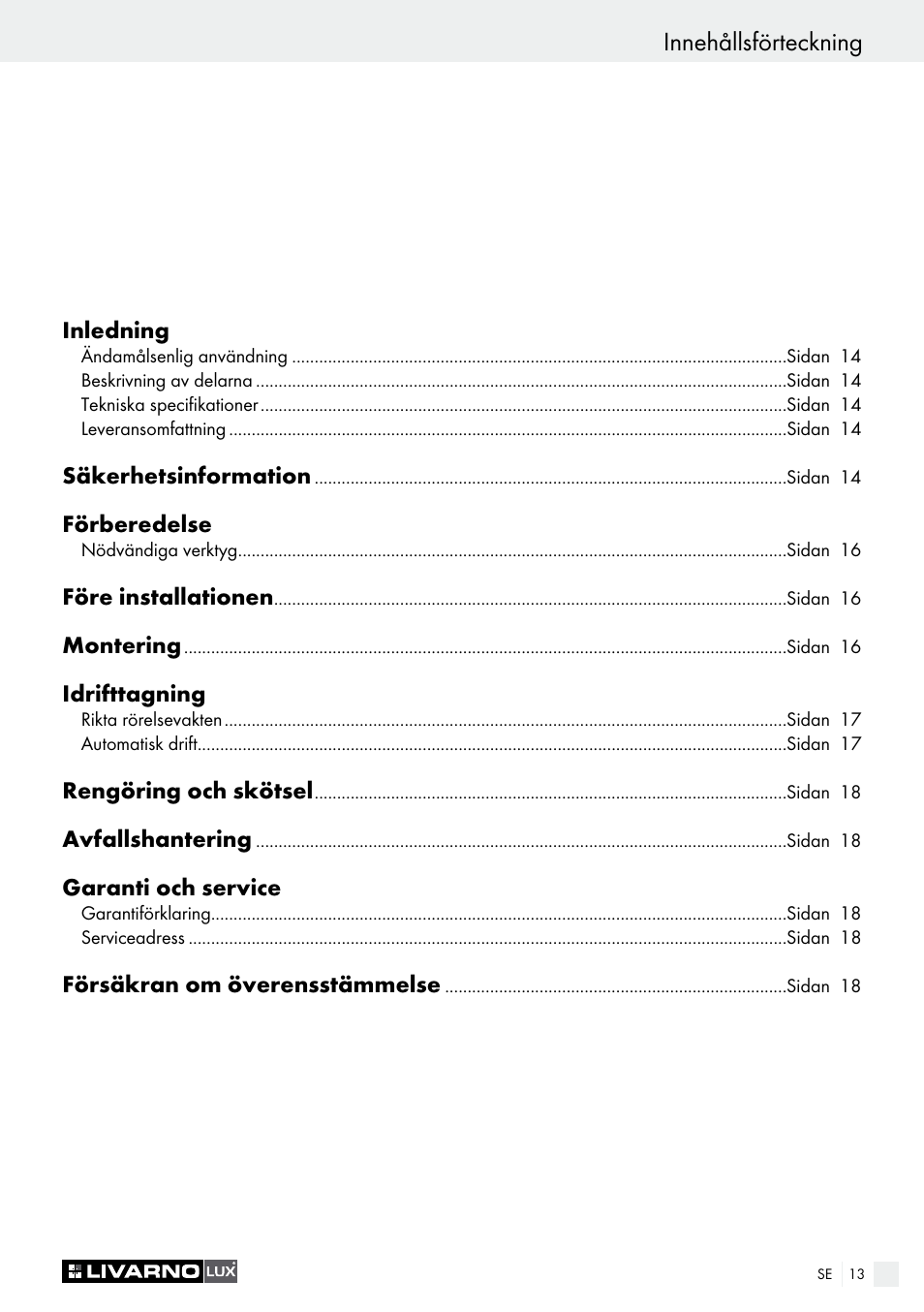 Innehållsförteckning | Livarno LSL 20 A1 User Manual | Page 13 / 44