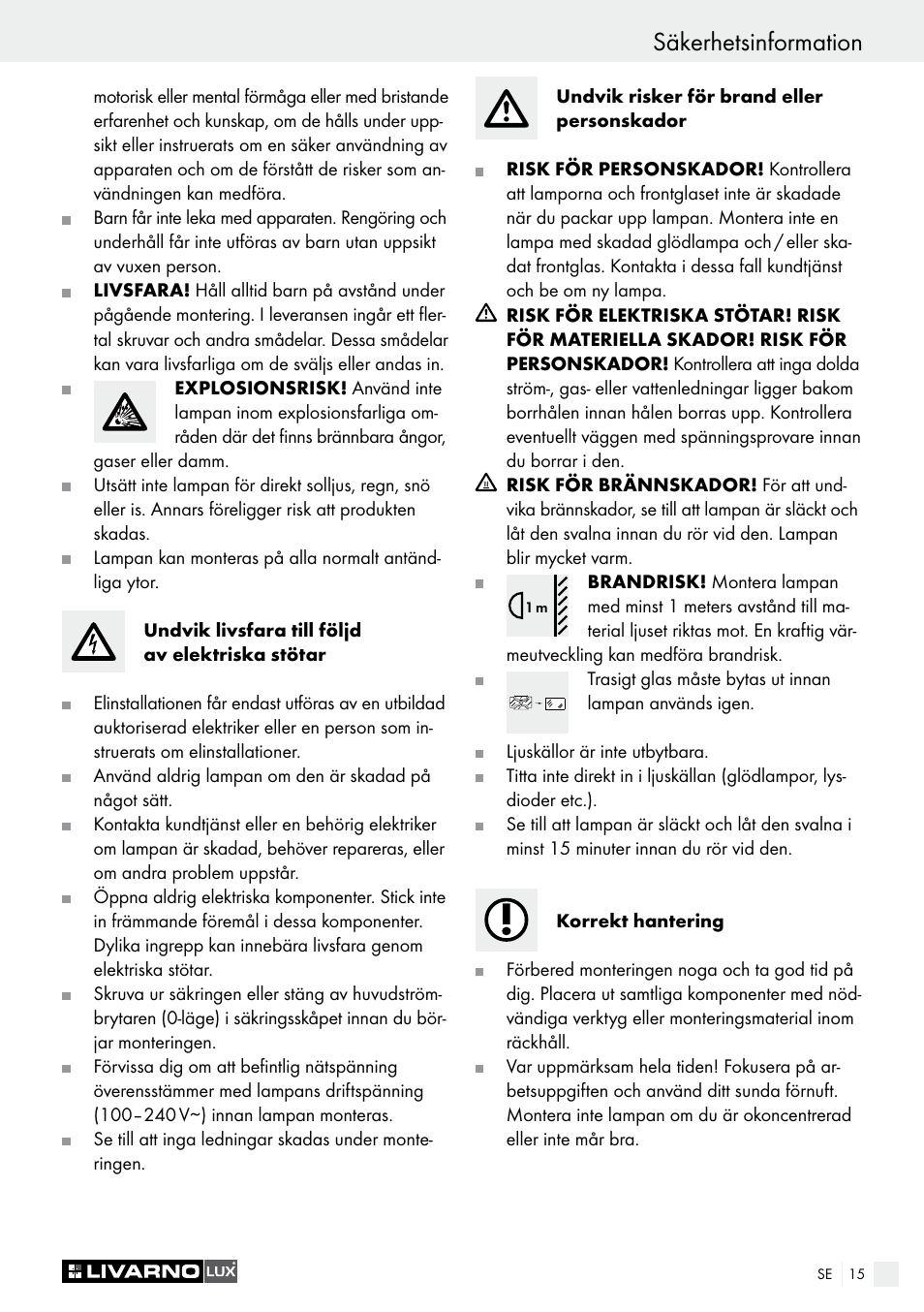Säkerhetsinformation | Livarno LSL 20 A1 User Manual | Page 15 / 44