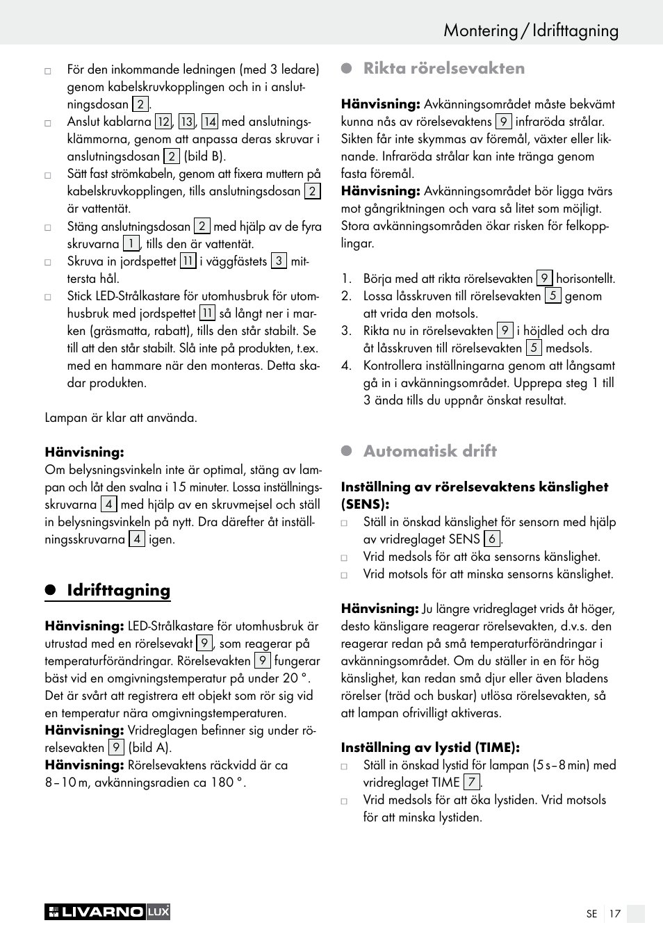 Montering / idrifttagning, Idrifttagning, Rikta rörelsevakten | Automatisk drift | Livarno LSL 20 A1 User Manual | Page 17 / 44