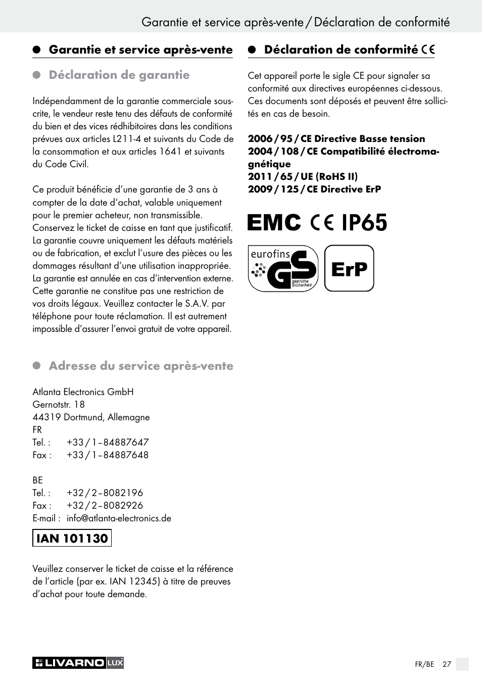 Garantie et service après-vente, Déclaration de garantie, Adresse du service après-vente | Déclaration de conformité | Livarno LSL 20 A1 User Manual | Page 27 / 44