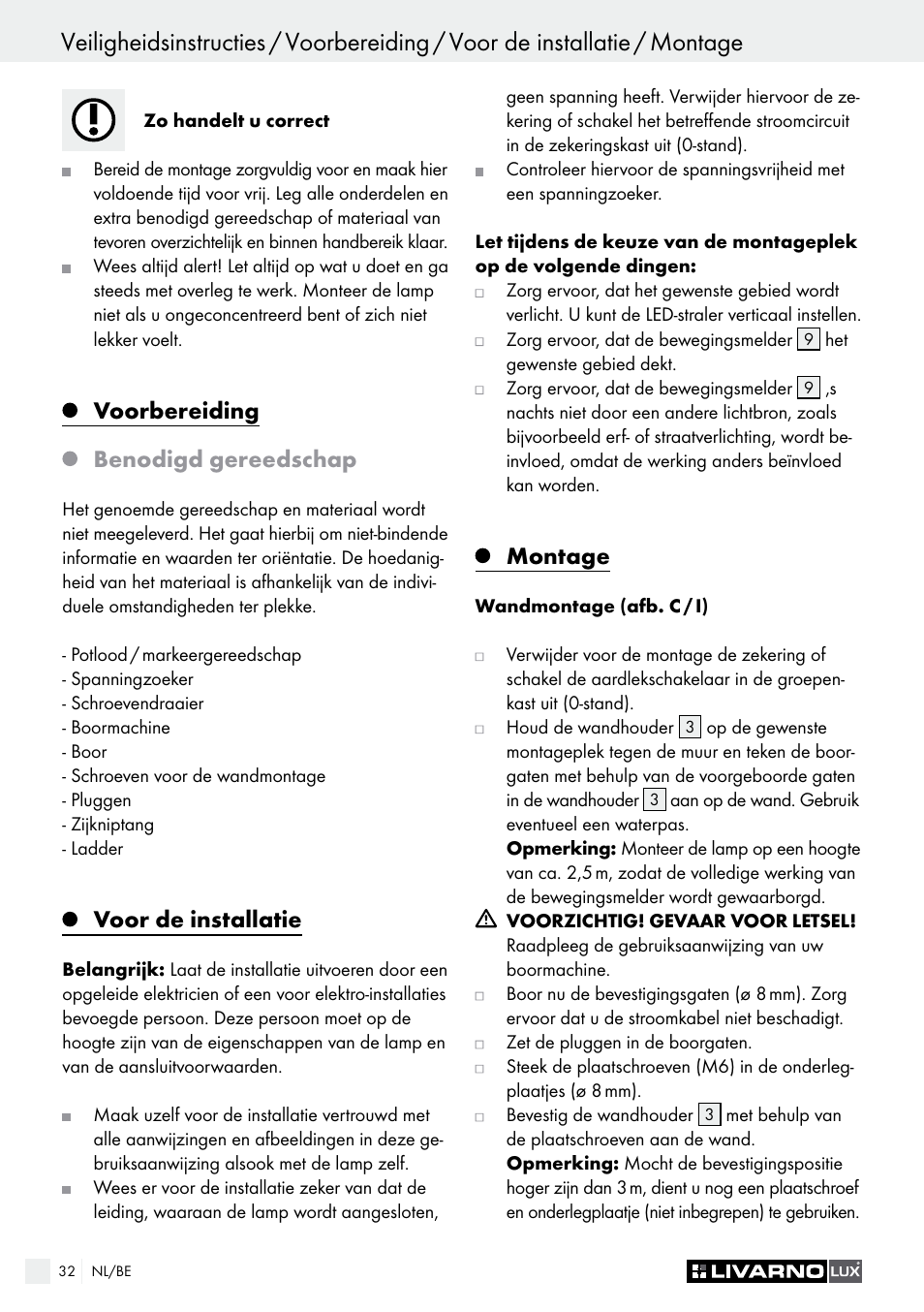Montage / ingebruikname, Voorbereiding, Benodigd gereedschap | Voor de installatie, Montage | Livarno LSL 20 A1 User Manual | Page 32 / 44