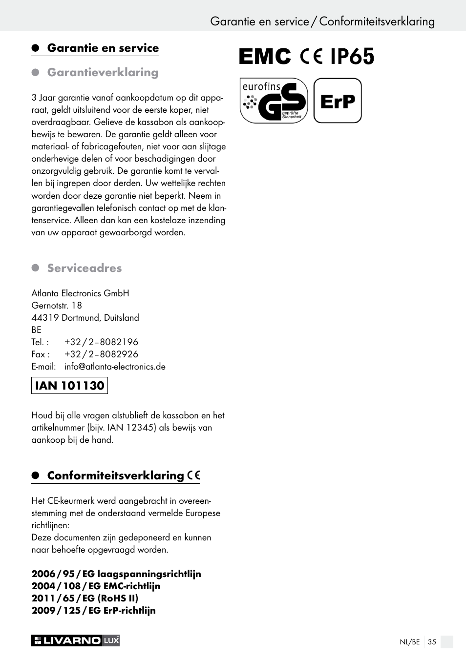 Garantie en service / conformiteitsverklaring, Garantie en service, Garantieverklaring | Serviceadres, Conformiteitsverklaring | Livarno LSL 20 A1 User Manual | Page 35 / 44