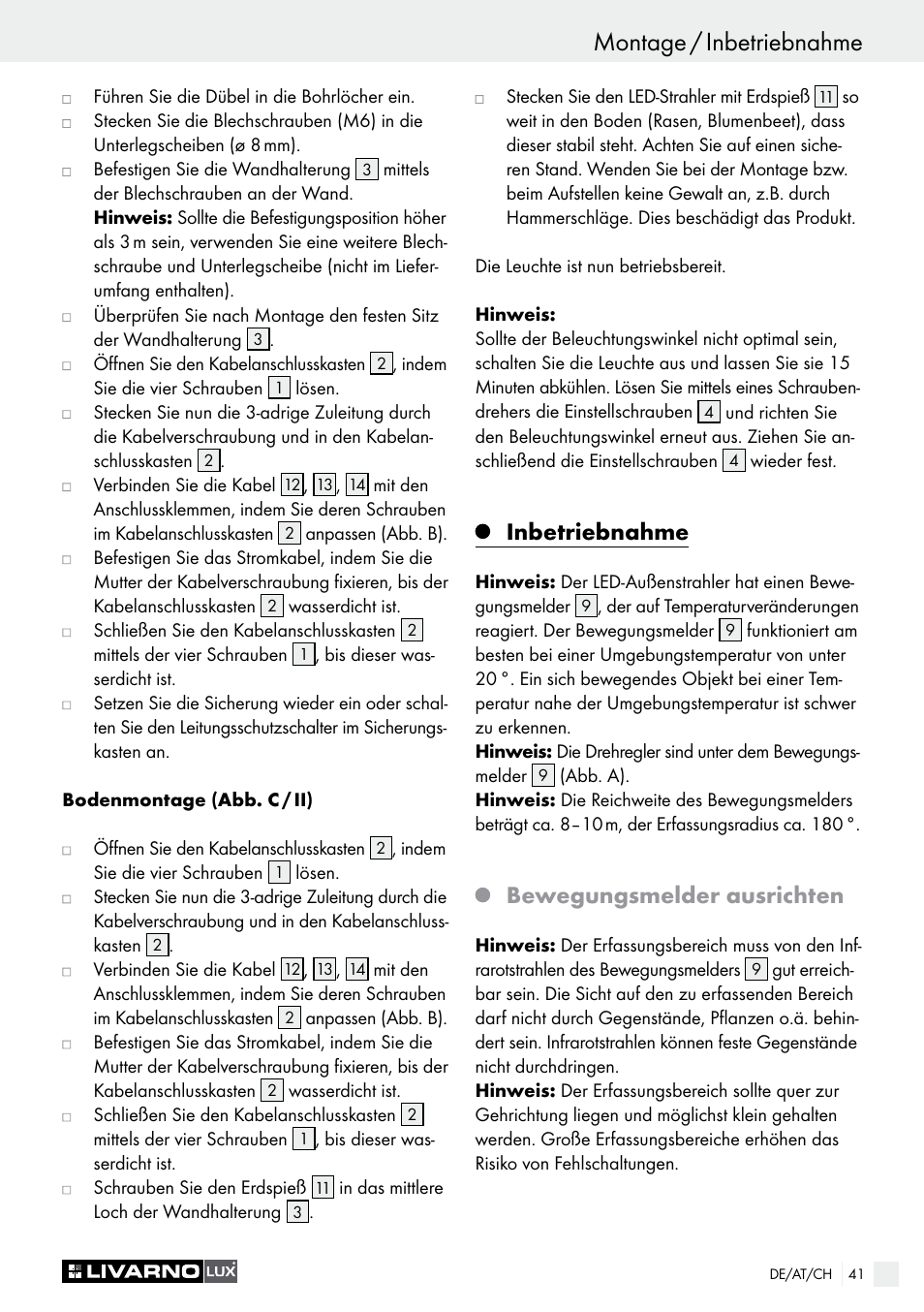 Inbetriebnahme, Bewegungsmelder ausrichten | Livarno LSL 20 A1 User Manual | Page 41 / 44