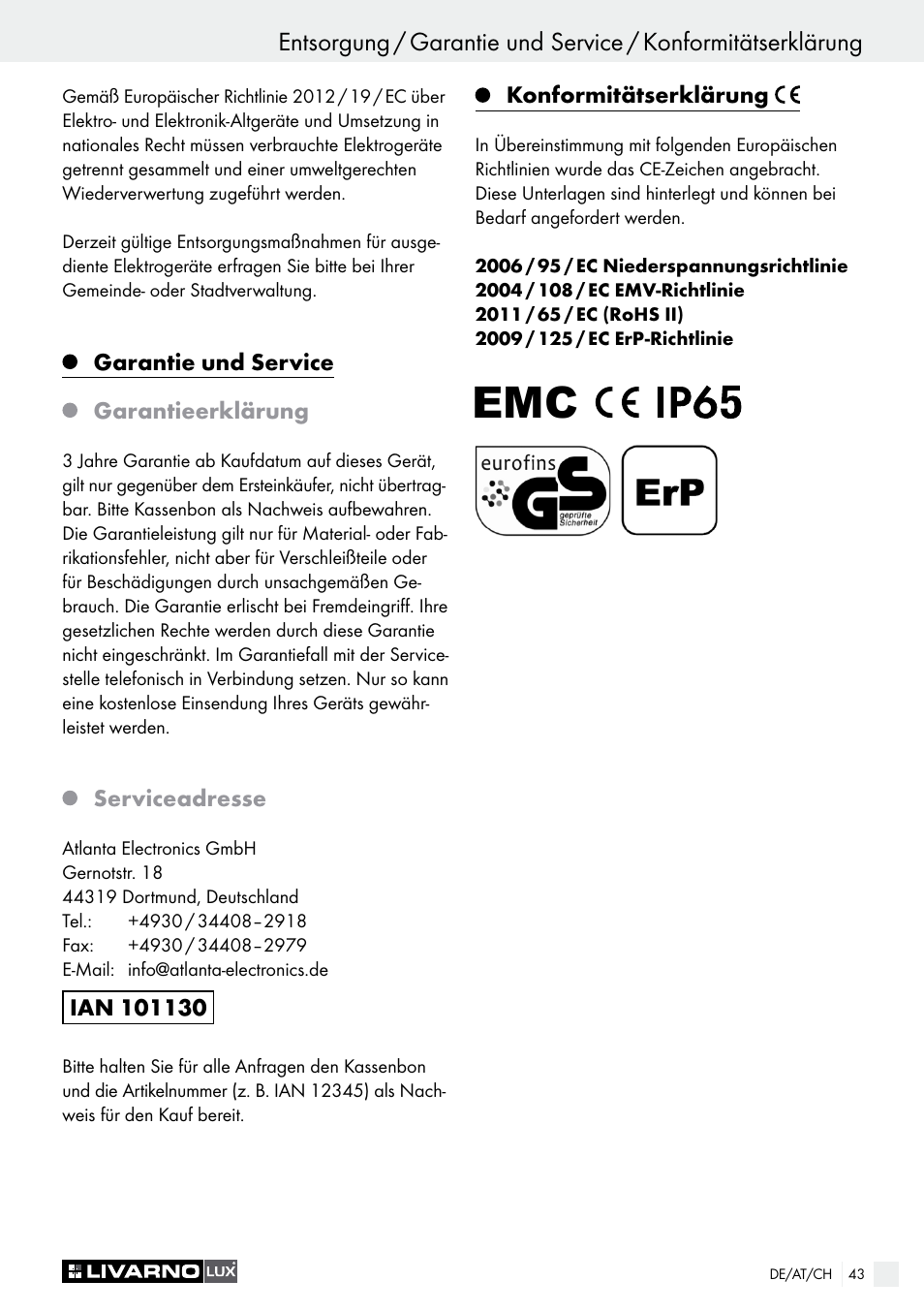 Garantie und service, Garantieerklärung, Serviceadresse | Konformitätserklärung | Livarno LSL 20 A1 User Manual | Page 43 / 44