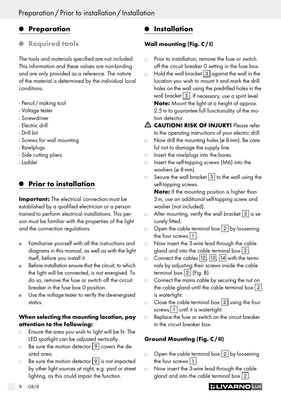 Preparation, Required tools, Prior to installation | Installation | Livarno LSL 20 A1 User Manual | Page 8 / 44