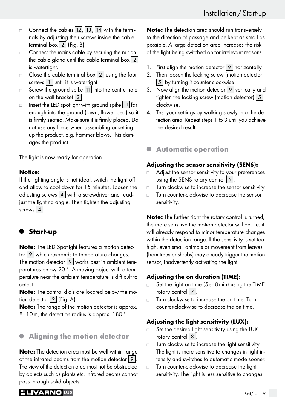 Start-up, Aligning the motion detector, Automatic operation | Livarno LSL 20 A1 User Manual | Page 9 / 44