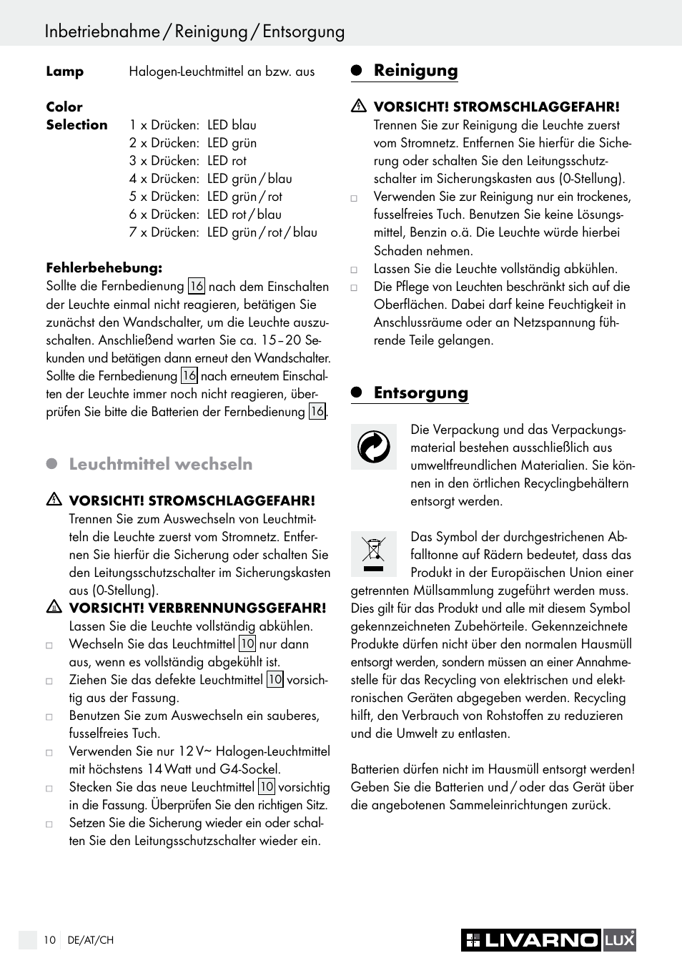Inbetriebnahme / reinigung / entsorgung, Garantie / service, Leuchtmittel wechseln | Reinigung, Entsorgung | Livarno COLOUR-CHANGE CEILING LIGHT User Manual | Page 10 / 37