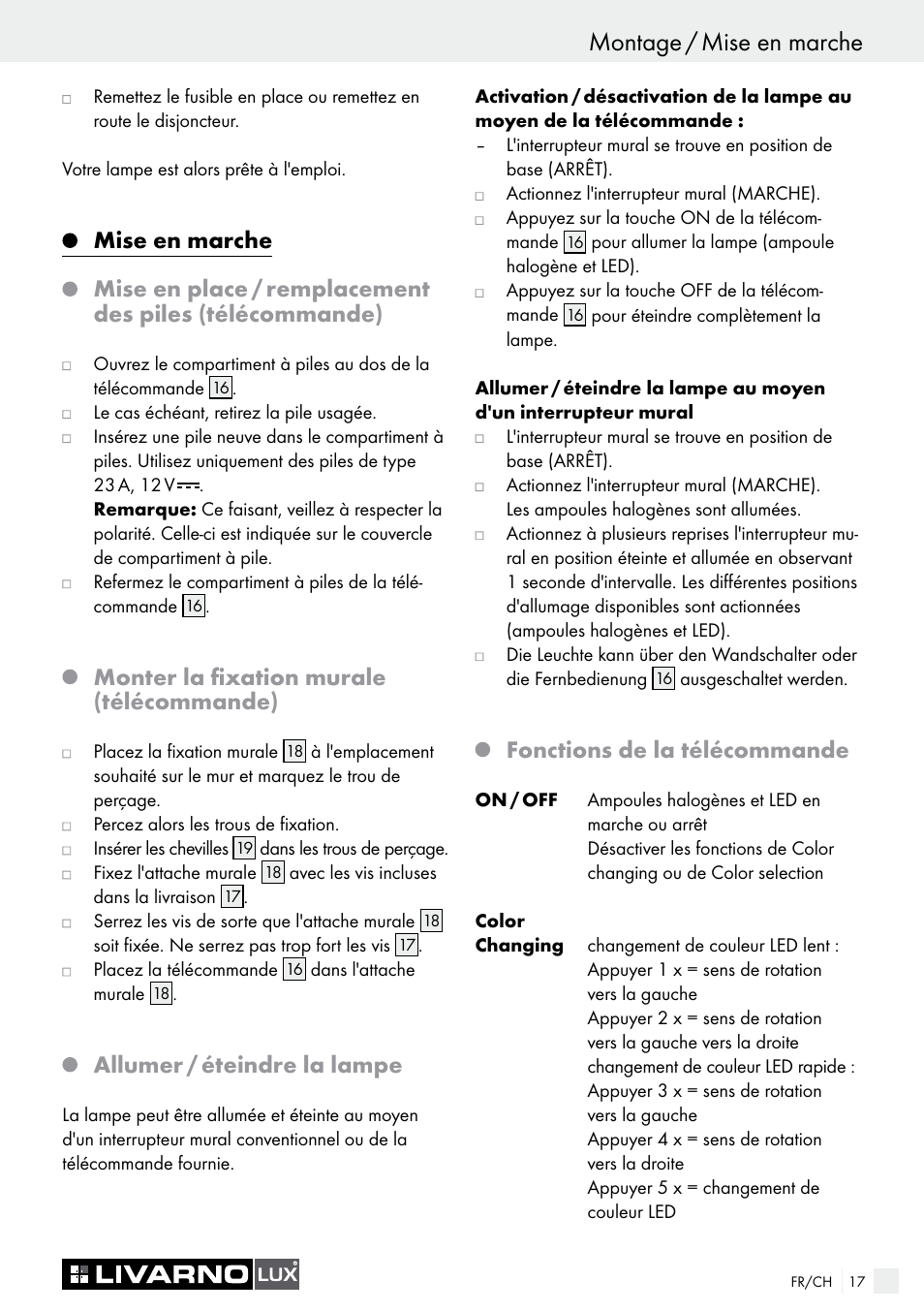 Monter la fixation murale (télécommande), Allumer / éteindre la lampe, Fonctions de la télécommande | Livarno COLOUR-CHANGE CEILING LIGHT User Manual | Page 17 / 37