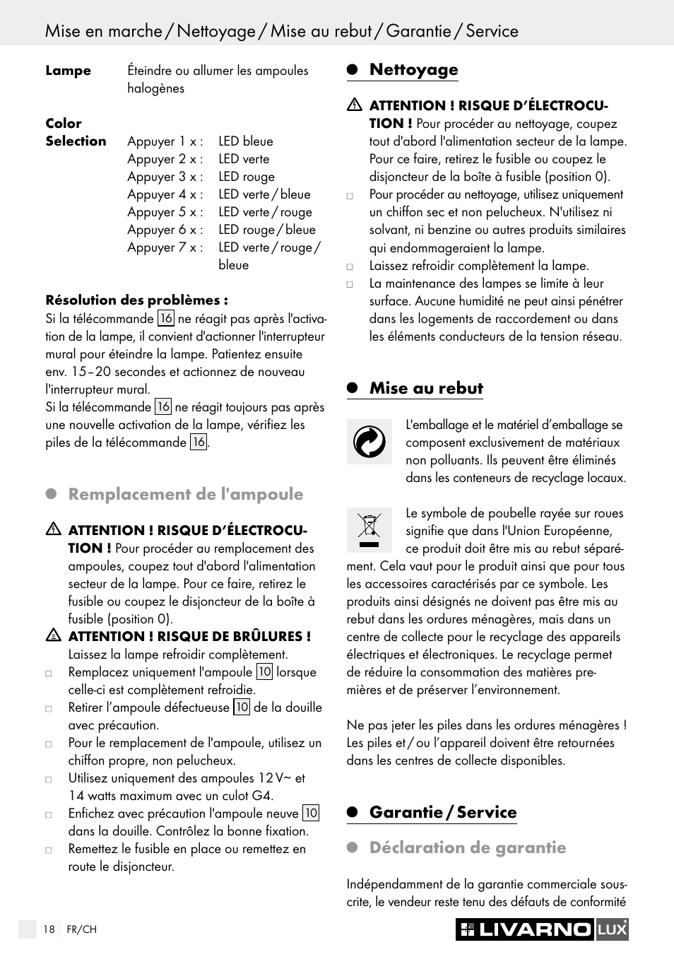 Remplacement de l'ampoule, Nettoyage, Mise au rebut | Garantie / service déclaration de garantie | Livarno COLOUR-CHANGE CEILING LIGHT User Manual | Page 18 / 37