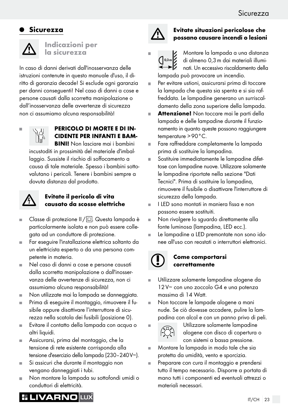 Sicurezza introduzione, Sicurezza indicazioni per la sicurezza | Livarno COLOUR-CHANGE CEILING LIGHT User Manual | Page 23 / 37