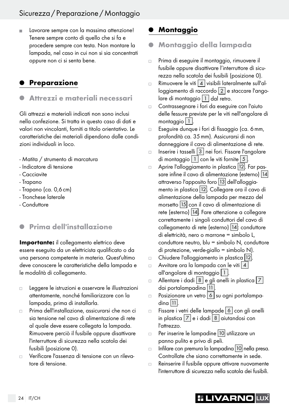 Preparazione attrezzi e materiali necessari, Prima dell'installazione, Montaggio montaggio della lampada | Livarno COLOUR-CHANGE CEILING LIGHT User Manual | Page 24 / 37
