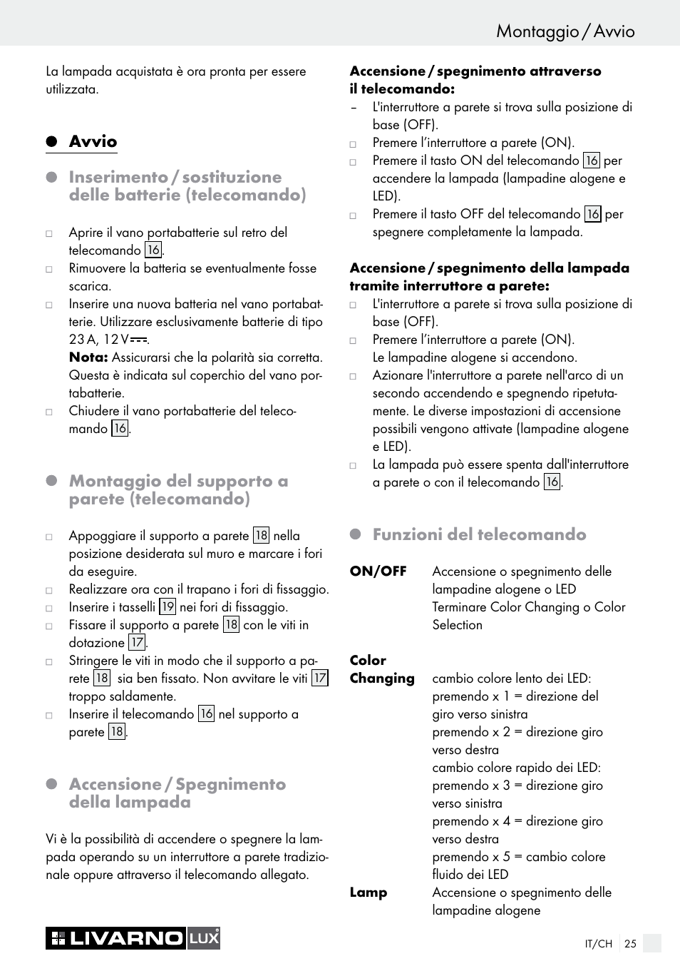 Montaggio del supporto a parete (telecomando), Accensione / spegnimento della lampada, Funzioni del telecomando | Livarno COLOUR-CHANGE CEILING LIGHT User Manual | Page 25 / 37