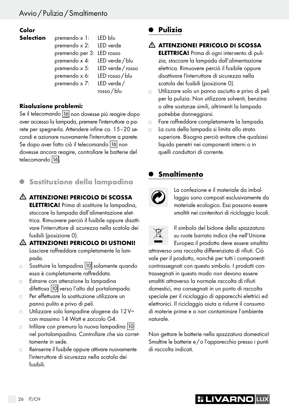 Sostituzione della lampadina, Pulizia, Smaltimento | Livarno COLOUR-CHANGE CEILING LIGHT User Manual | Page 26 / 37