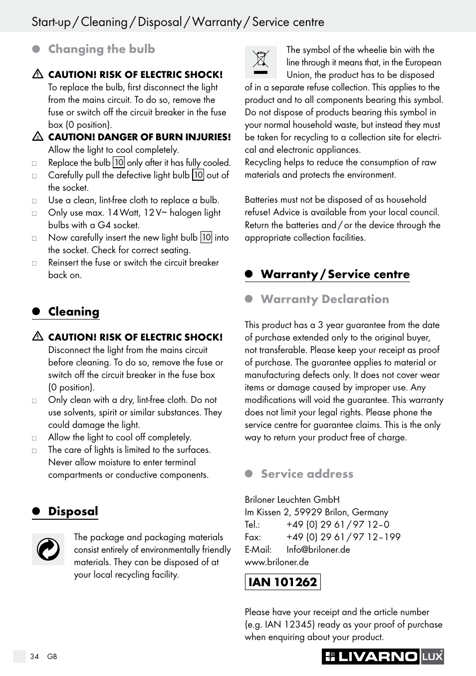 Changing the bulb, Cleaning, Disposal | Warranty / service centre warranty declaration, Service address | Livarno COLOUR-CHANGE CEILING LIGHT User Manual | Page 34 / 37