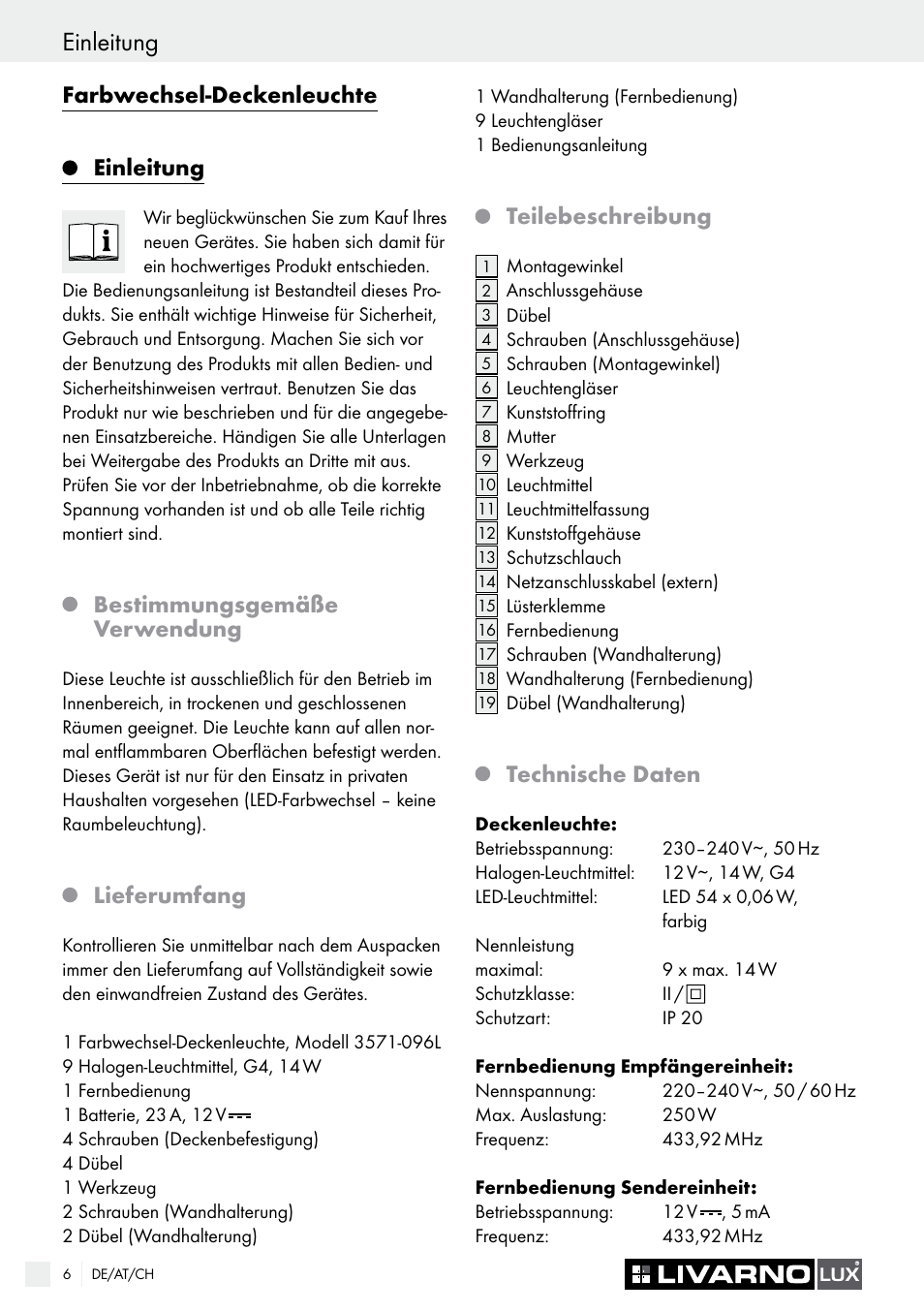 Einleitung, Sicherheit, Farbwechsel-deckenleuchte einleitung | Bestimmungsgemäße verwendung, Lieferumfang, Teilebeschreibung, Technische daten | Livarno COLOUR-CHANGE CEILING LIGHT User Manual | Page 6 / 37