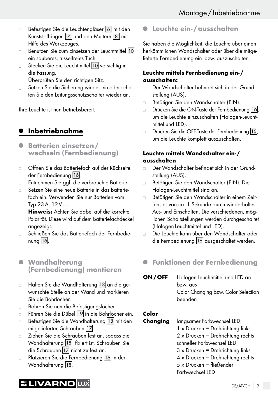 Wandhalterung (fernbedienung) montieren, Leuchte ein- / ausschalten, Funktionen der fernbedienung | Livarno COLOUR-CHANGE CEILING LIGHT User Manual | Page 9 / 37