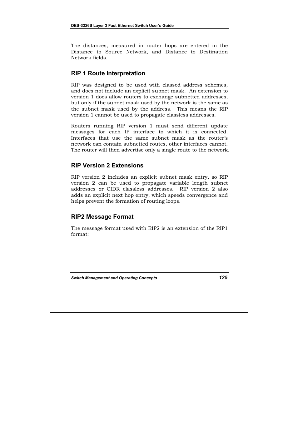 Rip 1 route interpretation, Rip version 2 extensions, Rip2 message format | D-Link DES-3326S User Manual | Page 125 / 349