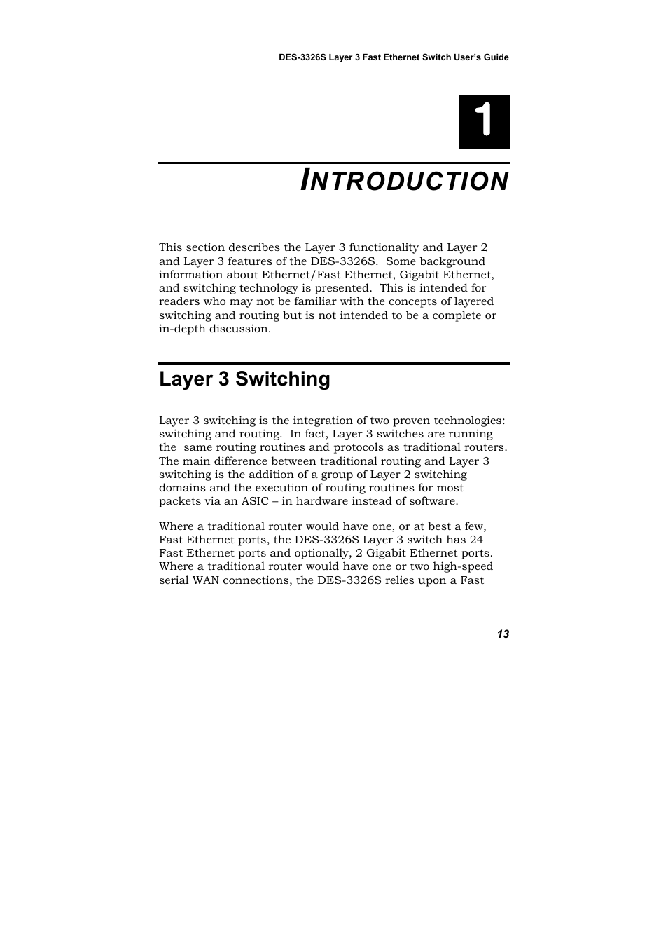 Introduction, Layer 3 switching, Ntroduction | D-Link DES-3326S User Manual | Page 13 / 349