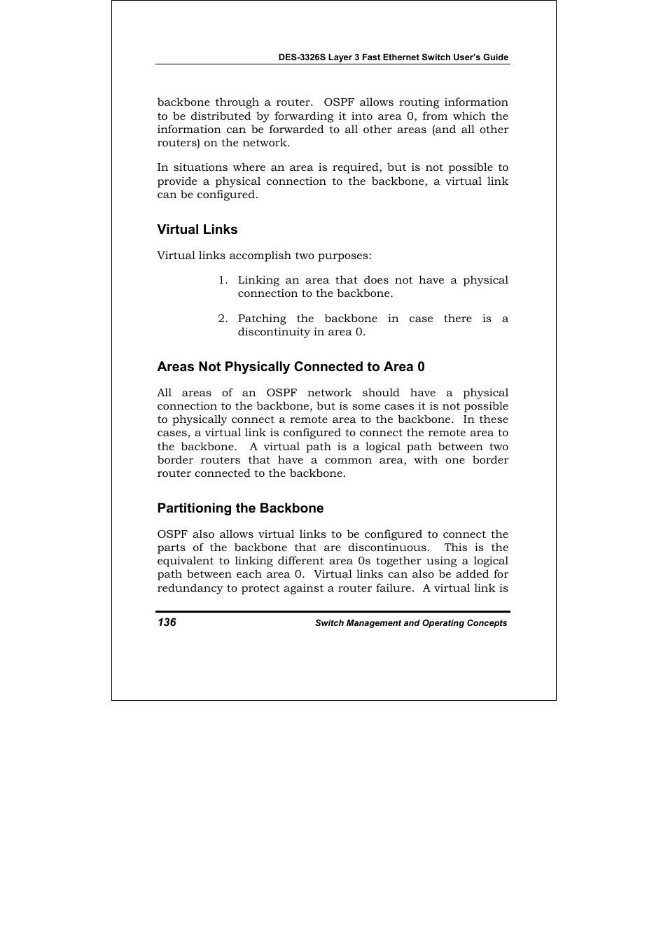 Virtual links, Areas not physically connected to area 0, Partitioning the backbone | D-Link DES-3326S User Manual | Page 136 / 349