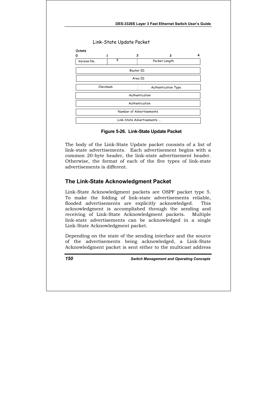 The link-state acknowledgment packet, Link-state update packet | D-Link DES-3326S User Manual | Page 150 / 349