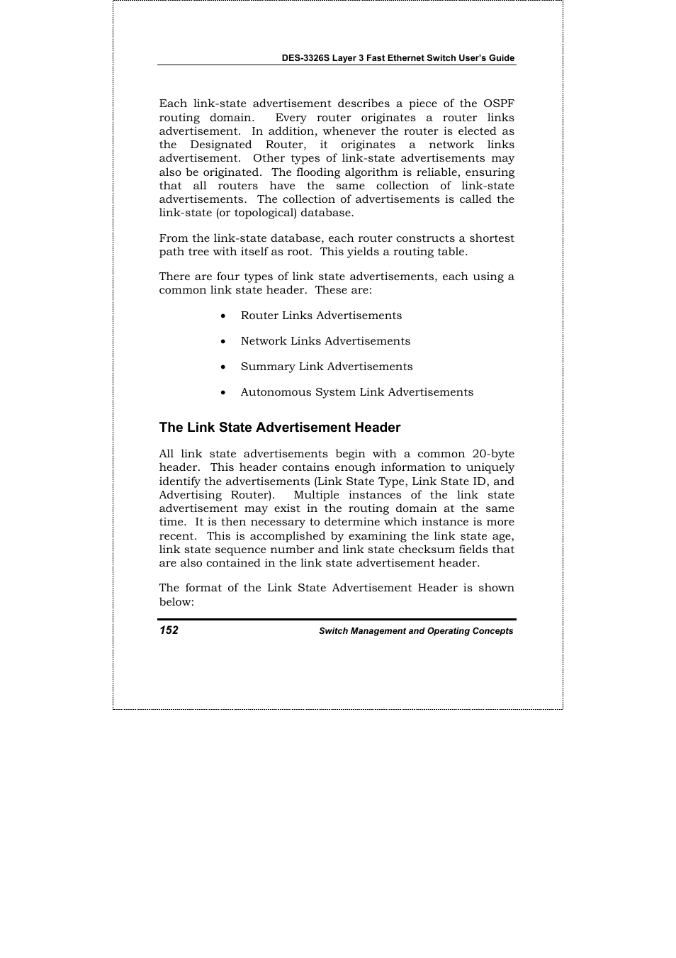 The link state advertisement header | D-Link DES-3326S User Manual | Page 152 / 349