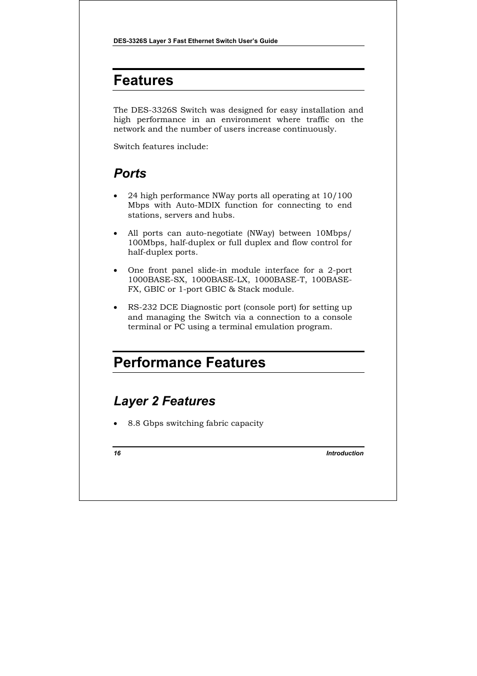 Features, Ports, Performance features | Layer 2 features | D-Link DES-3326S User Manual | Page 16 / 349